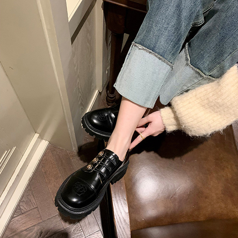 英伦金属扣复古刺绣乐福鞋春季圆头粗跟厚底小皮鞋单鞋女