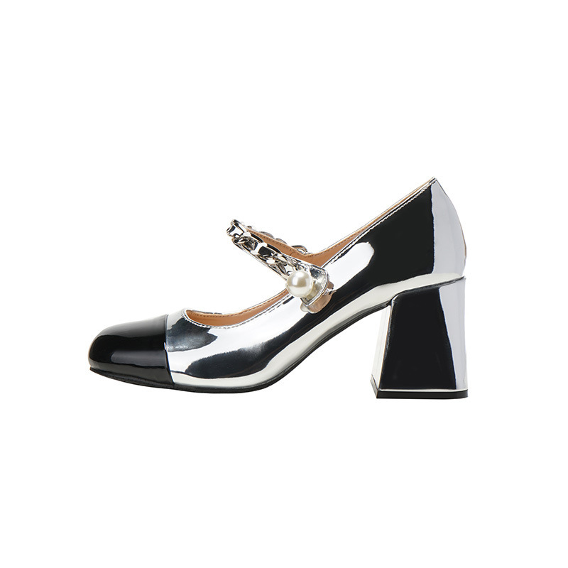 工厂现货赫本风新款玛丽珍单鞋一字带高跟鞋粗跟法式漆皮女鞋