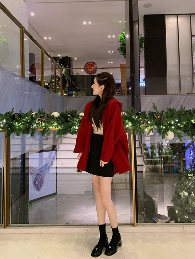 葡萄妈同款 精致山茶花方圆头粗跟增高一脚蹬乐福小皮鞋冬季单鞋