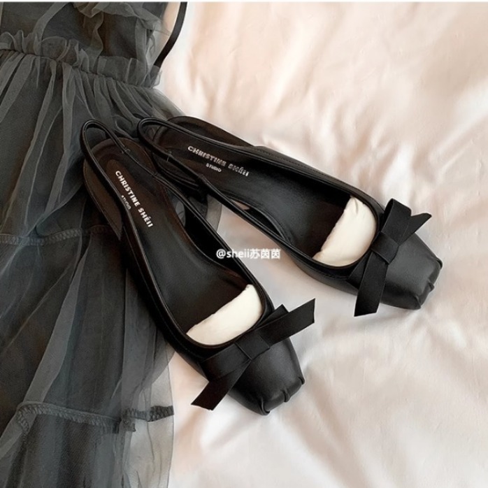 现货秒发！苏茵茵同款鞋猪鼻子小羊皮粗跟蝴蝶结芭蕾单鞋女凉鞋夏