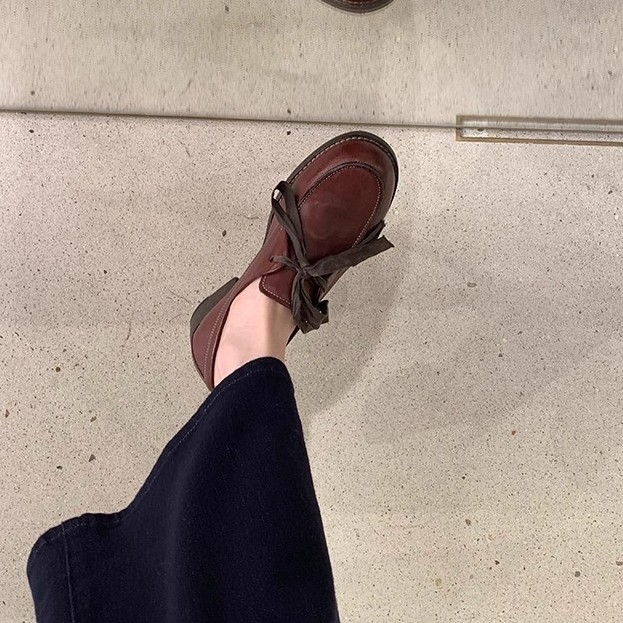 葡萄妈studiolee 高货全马皮复古百搭系带蝴蝶结粗跟乐福鞋女秋冬