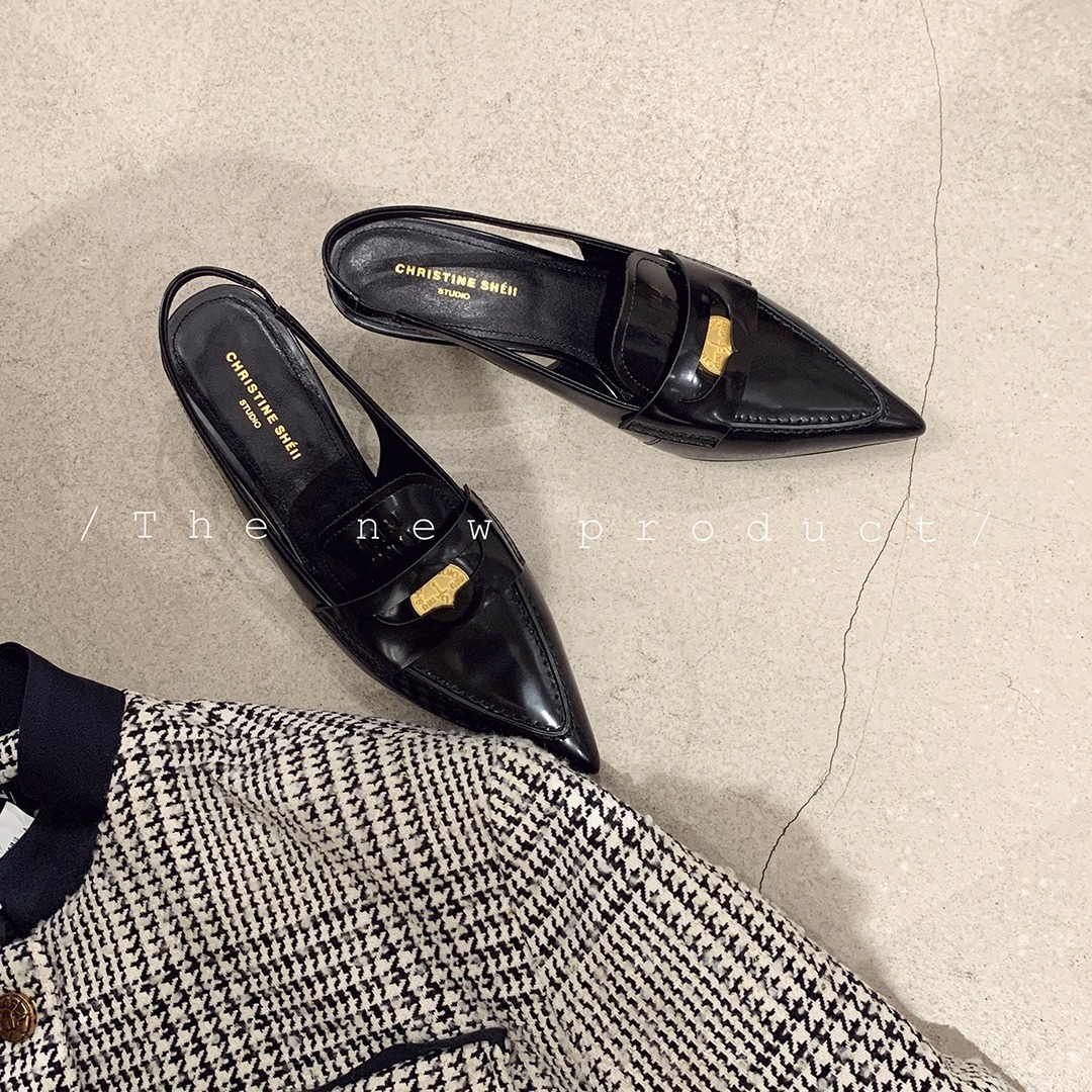 现货秒发！苏茵茵同款鞋小金币真皮尖头细跟后空凉鞋女ol通勤鞋春季新款