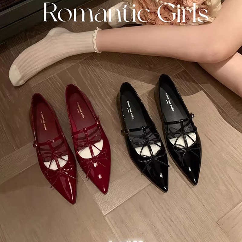 苏茵茵同款气质晚宴~尖头双蝴蝶结浅口平底玛丽珍单鞋女宴会鞋