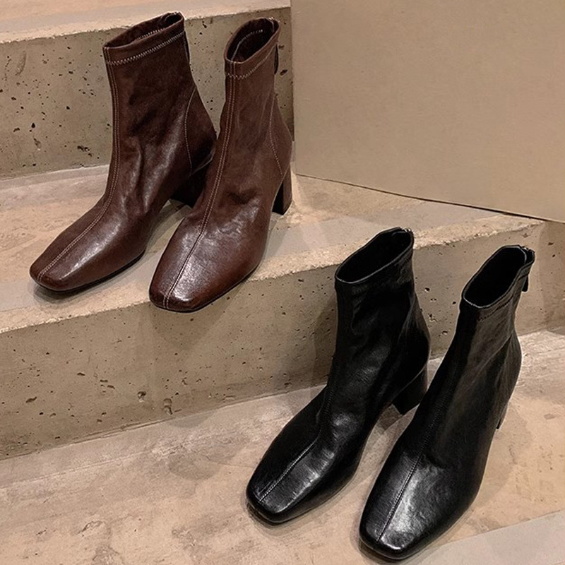 葡萄妈秋冬新款法式小方头做旧缩纹马皮显瘦百搭粗跟瘦瘦短靴女