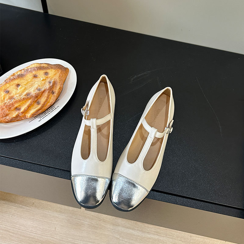 法式银色拼接单鞋女士2025春夏新款平底丁字带玛丽珍鞋圆头芭蕾鞋