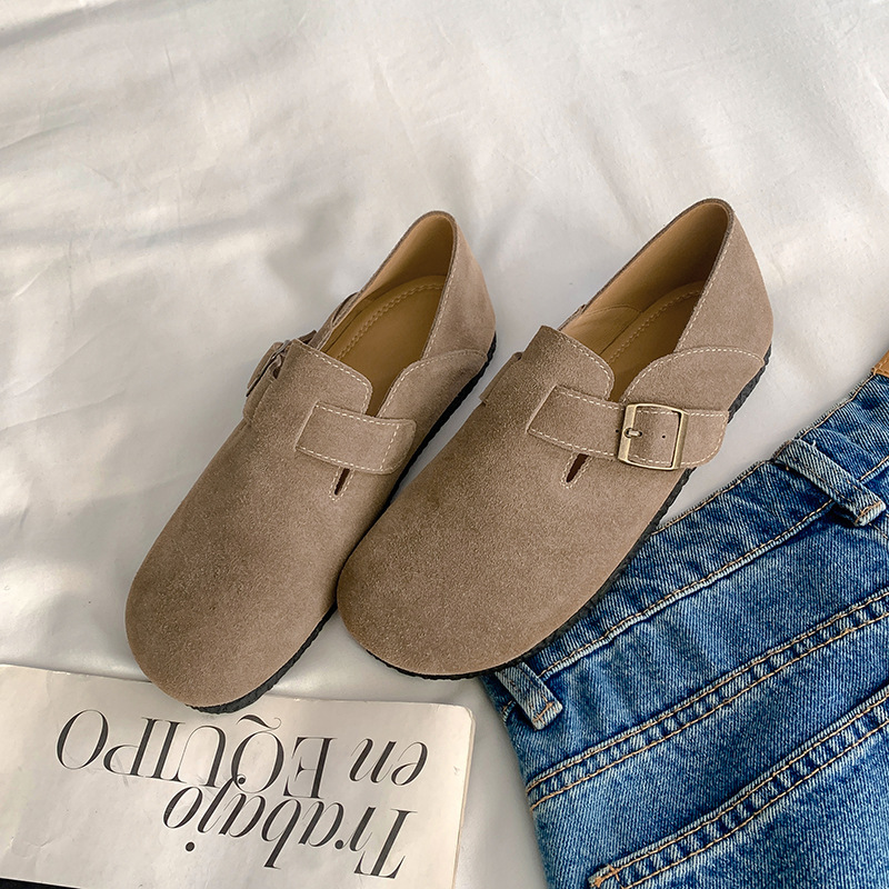 羊皮版 葡萄妈秋季新款毛毡平底大圆头勃肯鞋包头平底女单鞋真皮