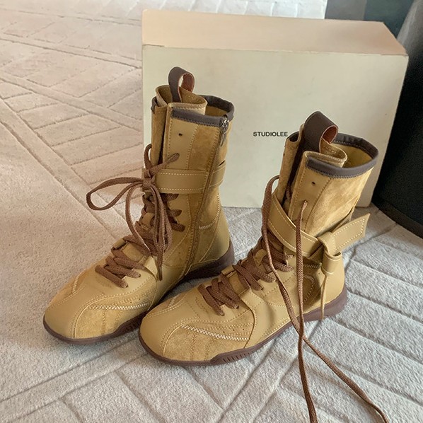 葡萄妈秋冬新款时髦复古拼色百搭绑带侧拉链猎装德训马丁女靴