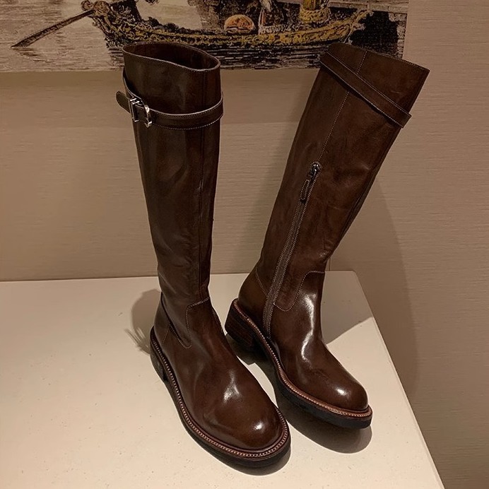 PANDA EYES葡萄妈同款鞋水洗马皮圆头粗跟厚底增高腿直长筒骑士靴