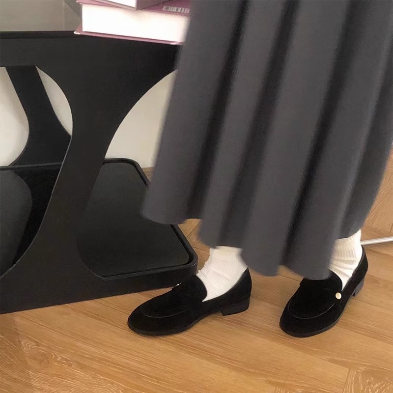 现货秒发！葡妈妈复古英伦风绒面百搭小金扣乐福鞋女粗跟圆头一脚蹬单鞋