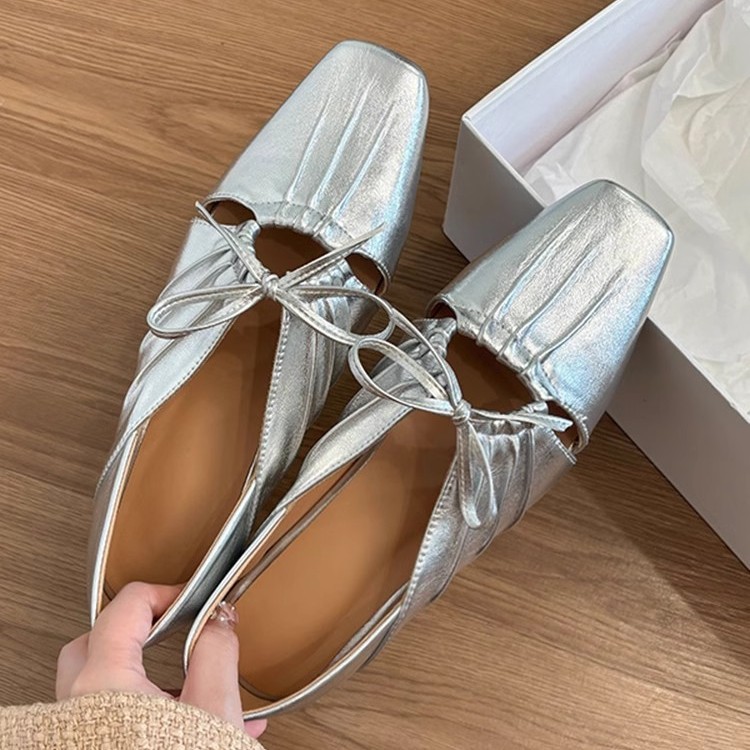 羊皮版~苏茵茵方头褶皱镂空玛丽珍鞋蝴蝶结法式气质低跟平底单鞋浅口小皮鞋