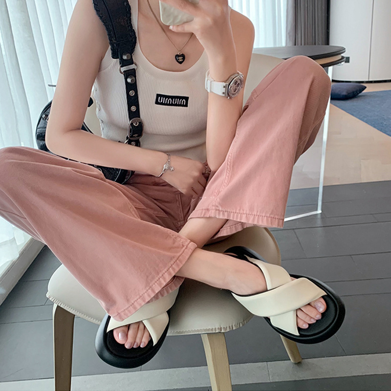 苏茵茵同款云朵夏日~羊皮交叉带休闲厚底泡泡面包凉鞋女夏外穿