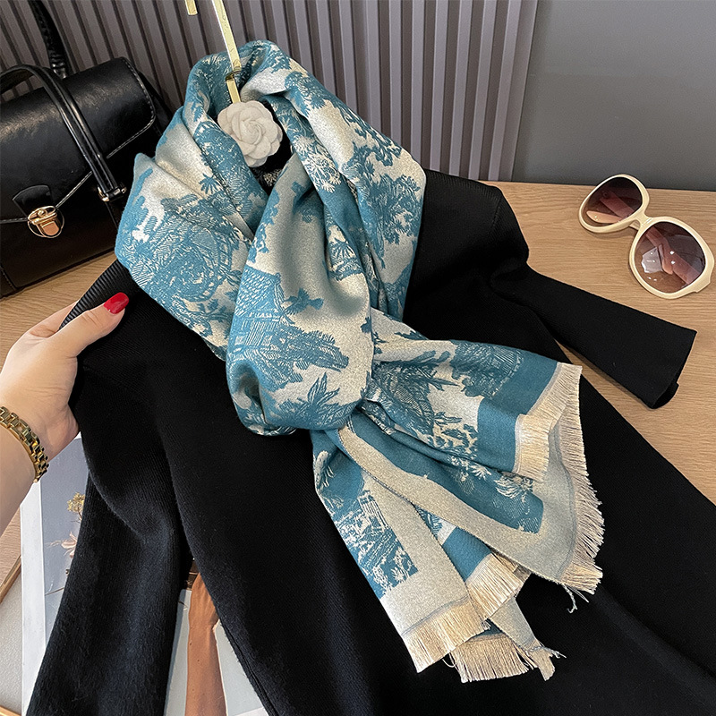 秋冬新款双面羊绒古风植物山林素雅加厚保暖丝巾空调房护颈披肩