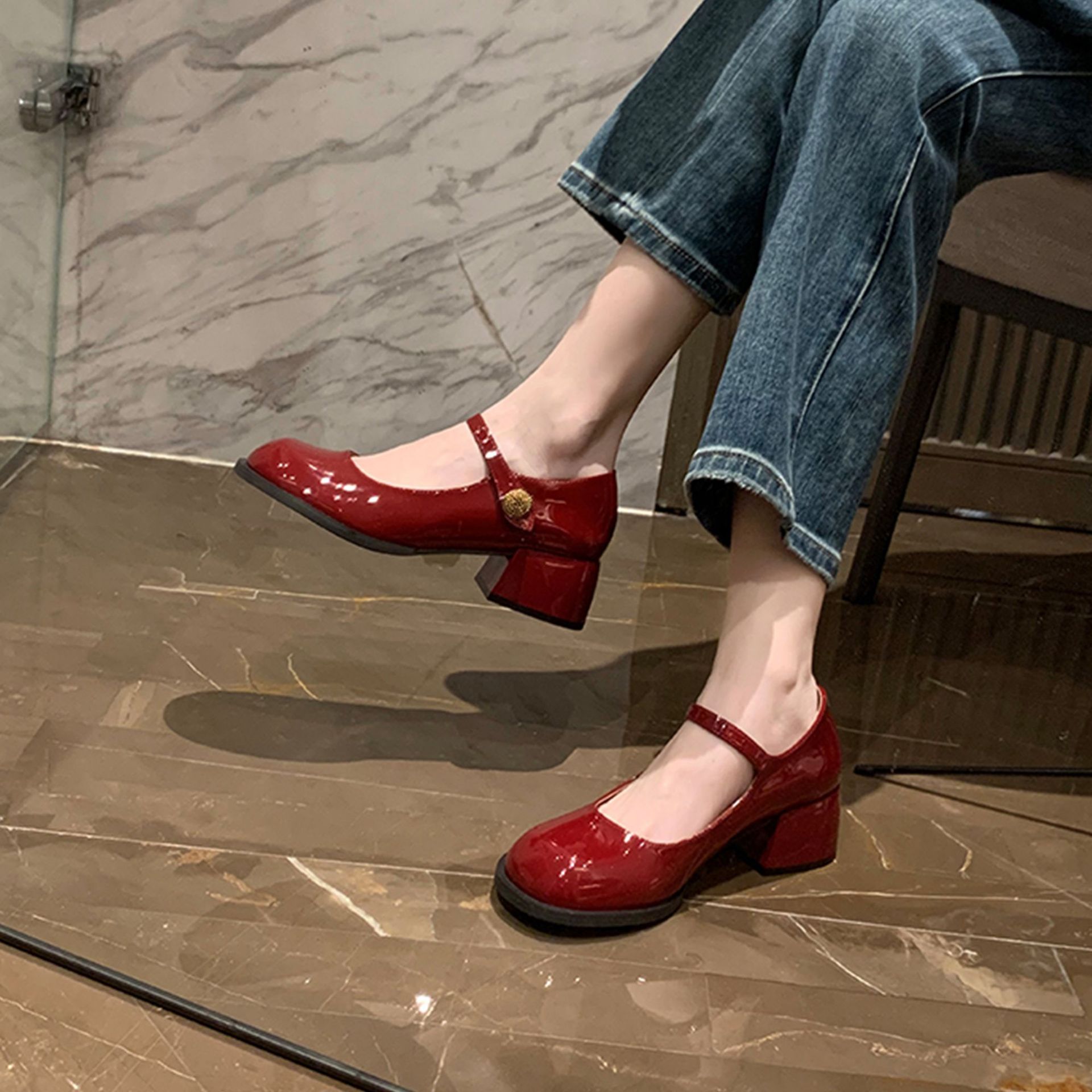 葡萄妈studiolee复古简约圆头一字高跟鞋粗跟jk鞋玛丽珍鞋女春秋