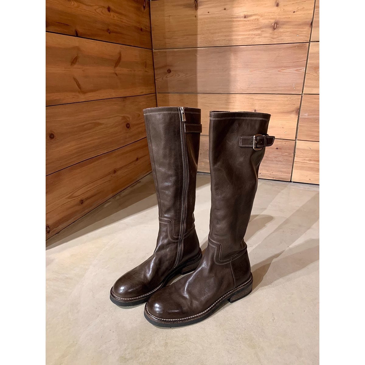 PANDA EYES葡萄妈同款鞋复古水洗马皮粗跟厚底高筒骑士靴女秋冬款女靴