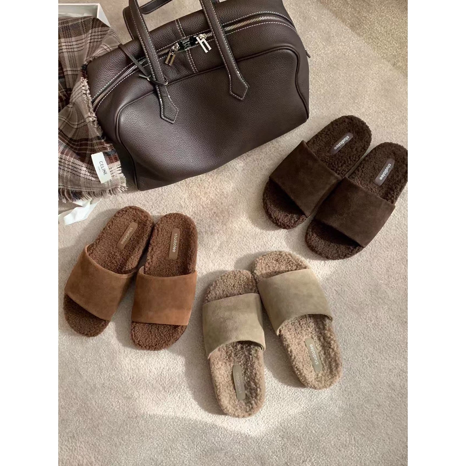 葡萄妈studiolee 磨砂牛皮宽一字带真皮毛毛拖鞋女外穿秋冬新款