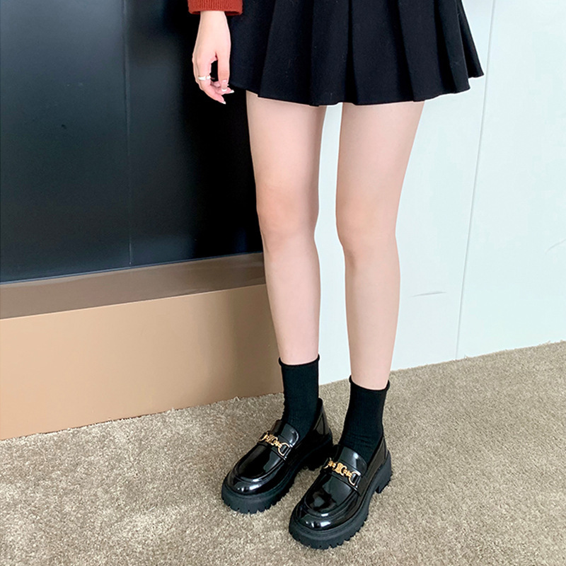 乐福鞋女2024春季新款英伦风小皮鞋金属扣圆头厚底粗跟单鞋