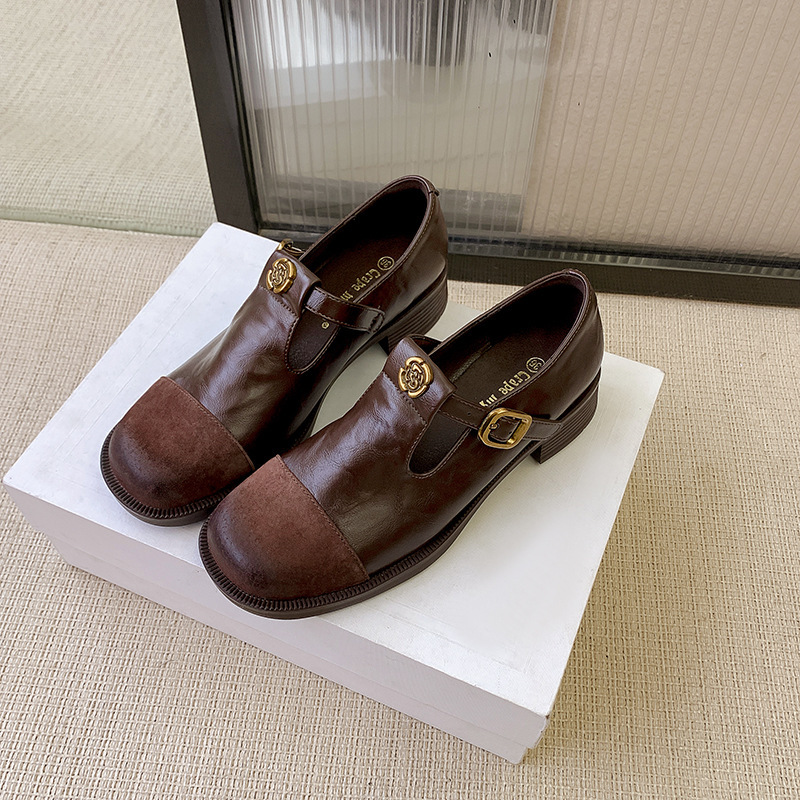 2025春季苏茵茵新款复古山茶花深口玛丽珍鞋女厚底粗跟一脚蹬圆头小皮鞋