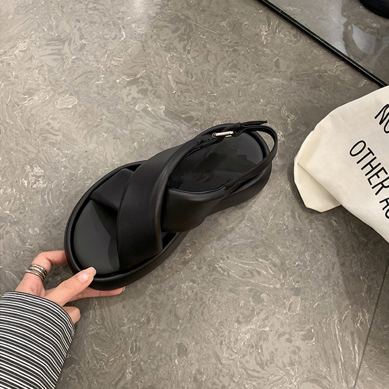 苏茵茵同款云朵夏日~羊皮交叉带休闲厚底泡泡面包凉鞋女夏外穿