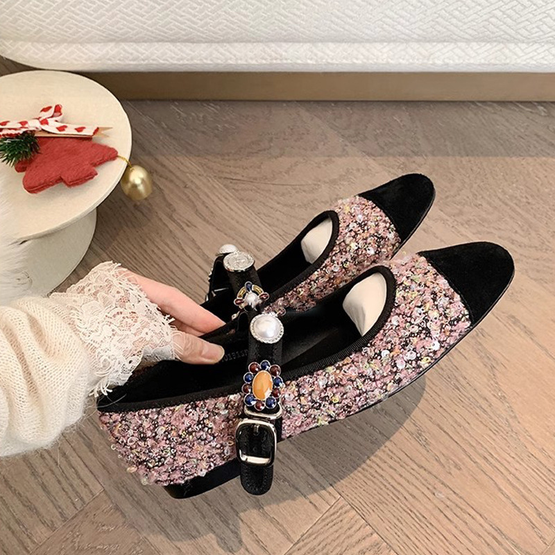 苏茵茵安妮公主~小香风花呢徽章扣玛丽珍单鞋女宴会婚鞋平底鞋女