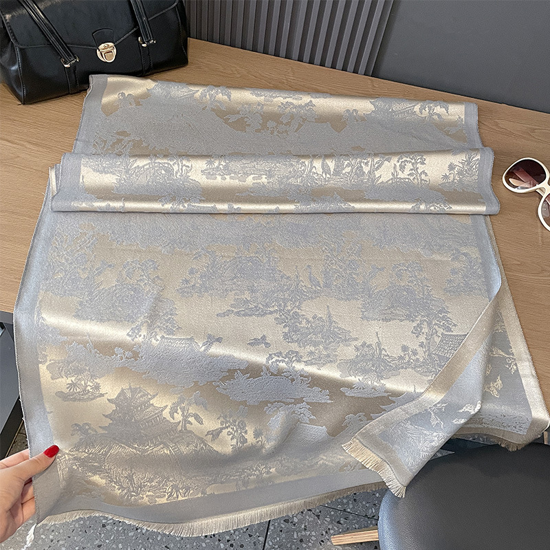 秋冬新款双面羊绒古风植物山林素雅加厚保暖丝巾空调房护颈披肩