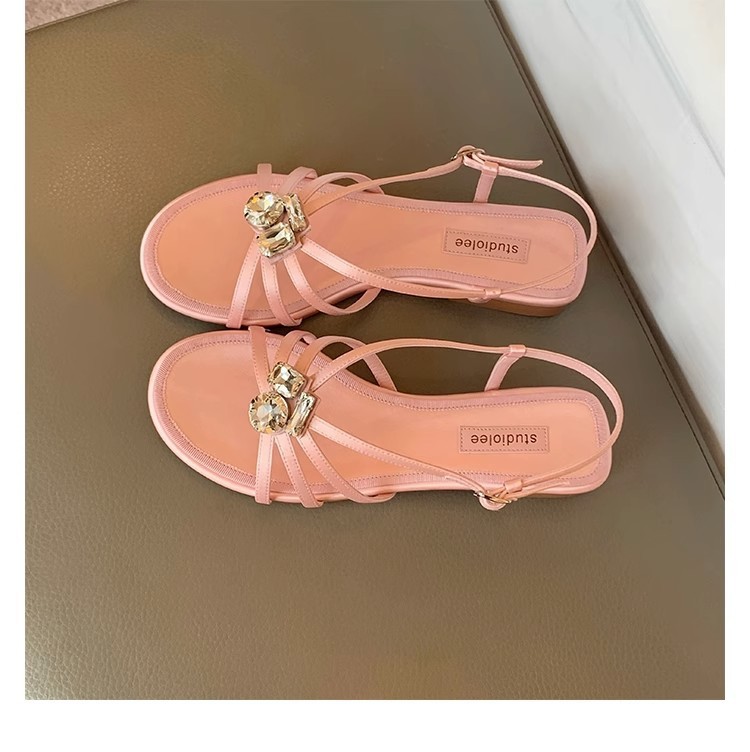 现货秒发！葡萄妈*仙本那之梦～优雅宝石扣细带露趾一字带凉鞋女