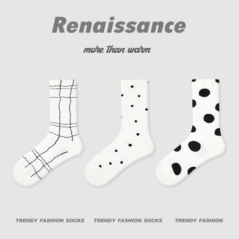 原创女袜春夏季黑白格子中筒袜卡通猫咪精梳棉袜子女