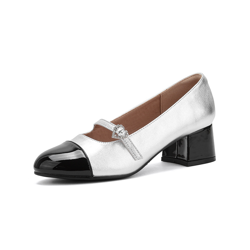 法式小香风拼色玛丽珍鞋女2024春季新款浅口一字扣带粗跟单鞋