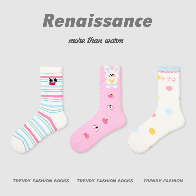 原创女袜春夏季黑白格子中筒袜卡通猫咪精梳棉袜子女