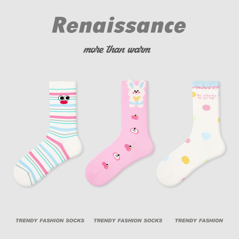 原创女袜春夏季黑白格子中筒袜卡通猫咪精梳棉袜子女