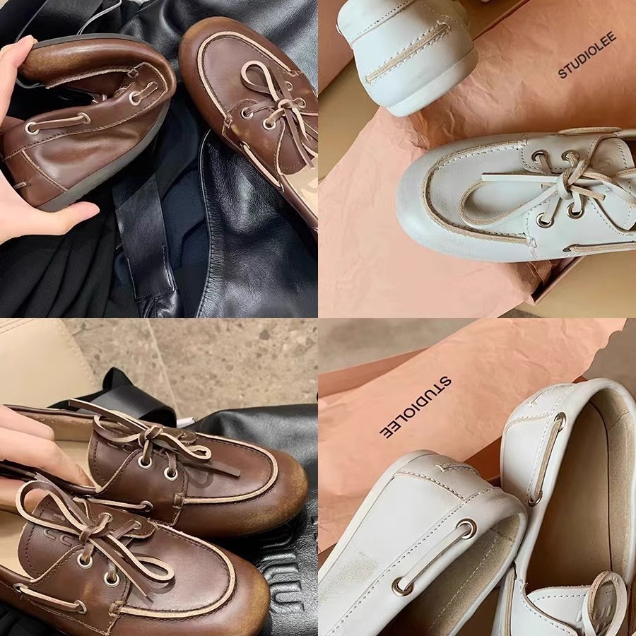 苏茵茵 真皮蝴蝶结小皮鞋新款圆头一脚蹬乐福鞋女单鞋搽色复古软皮豆豆鞋平底单鞋