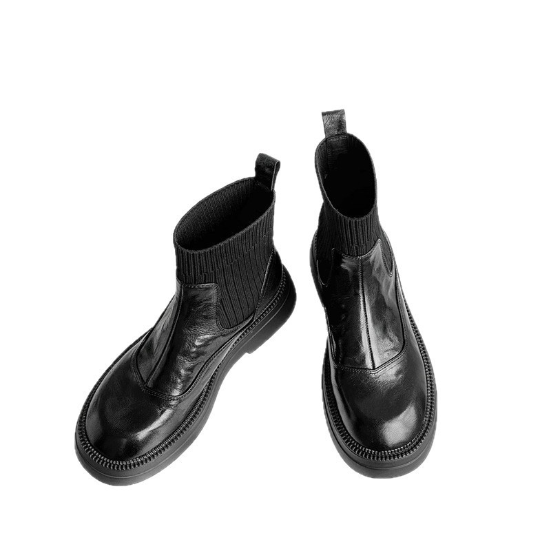 時尚簡約款 小个子4cm/软皮厚底增高短靴女秋冬新款弹力袜靴百搭瘦瘦马丁女靴