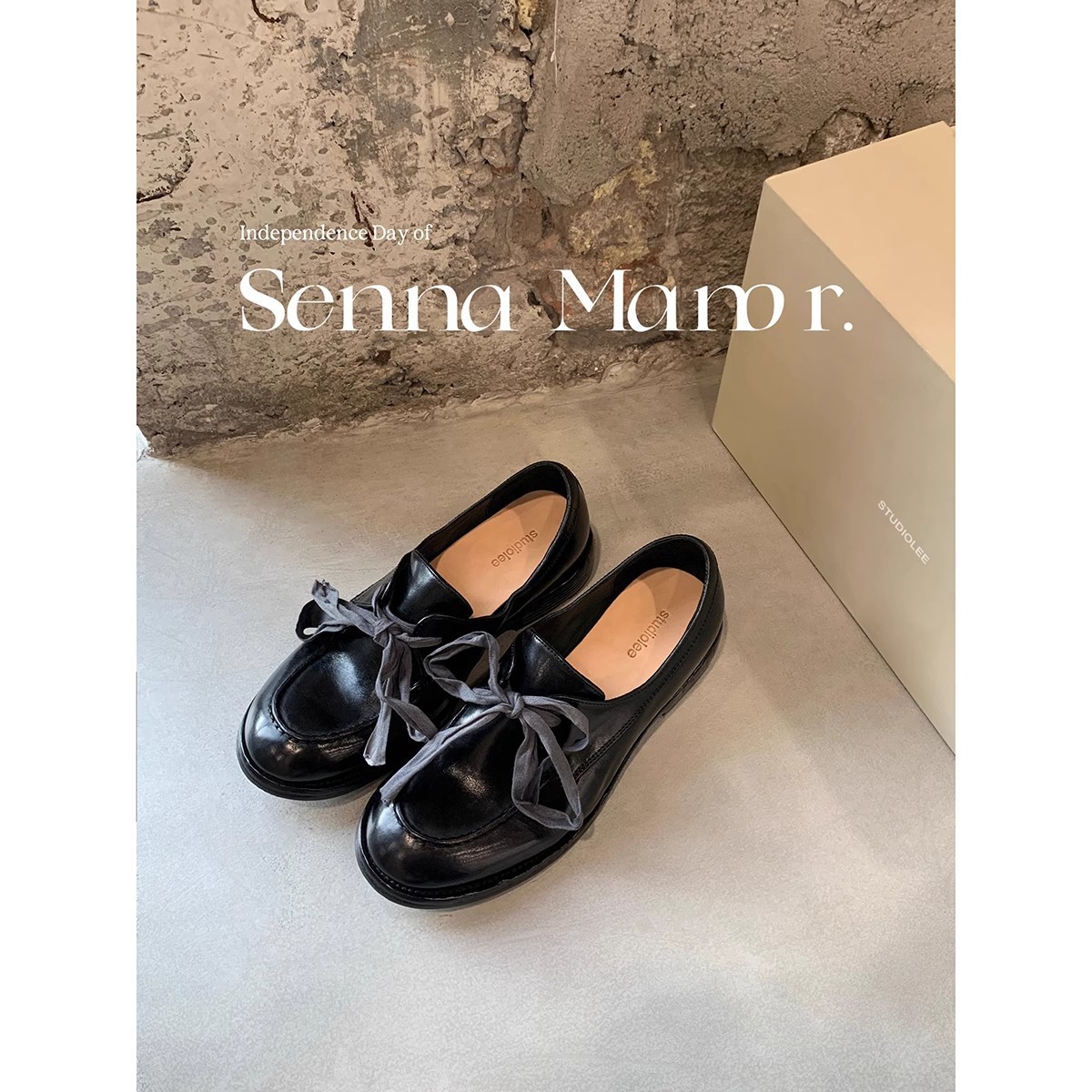 葡萄妈studiolee 高货全马皮复古百搭系带蝴蝶结粗跟乐福鞋女秋冬