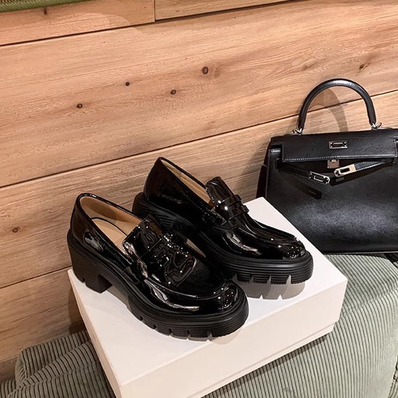 苏茵茵秋冬新款增高7cm~SW真皮粗跟厚底乐福单鞋女小皮鞋通勤