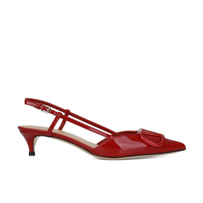 现货秒发！葡萄妈同款鞋气质尖头V扣高跟鞋女漆皮后空细跟凉鞋女