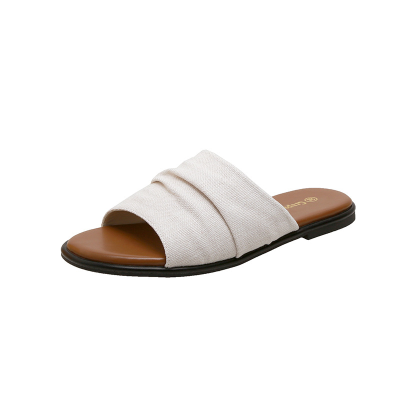 苏茵茵同款曼谷拖~度假风沙滩亚麻褶皱平底凉拖女拖鞋外穿夏