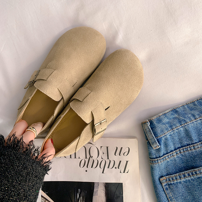 羊皮版 葡萄妈秋季新款毛毡平底大圆头勃肯鞋包头平底女单鞋真皮