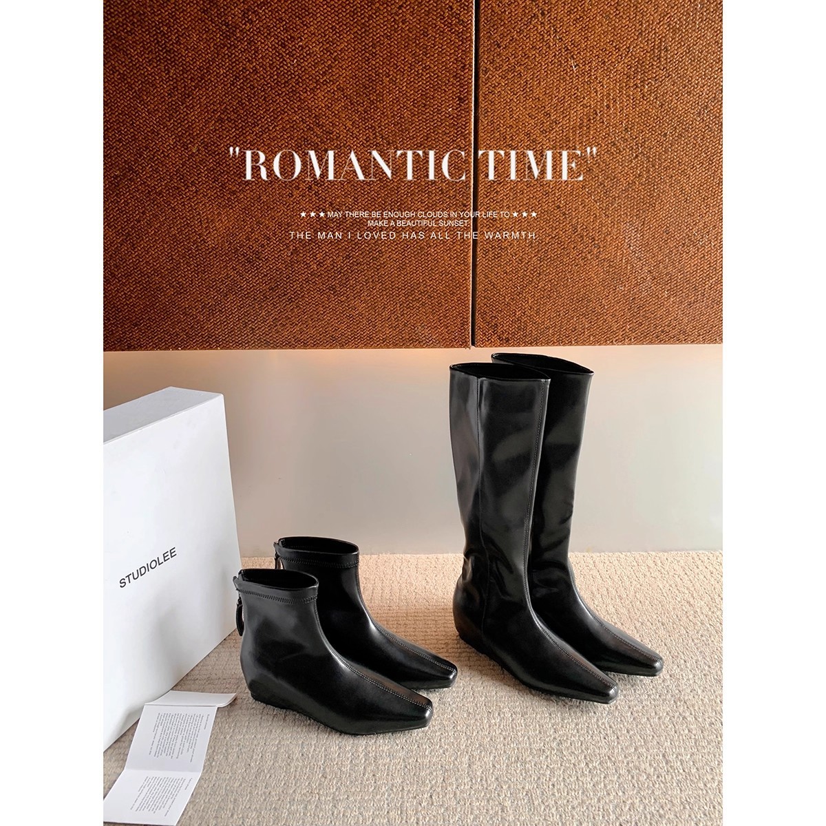 葡萄妈studiolee 两种筒高~韩版5cm内增高极简小方头后拉链瘦瘦靴