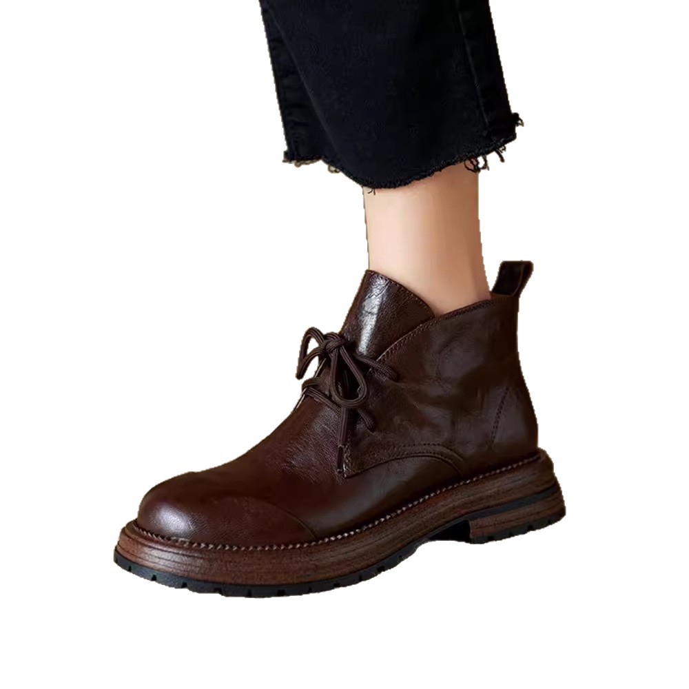 時尚簡約款小个子复古抓纹软皮系带厚底短筒马丁靴女2025秋冬新款单靴显瘦短女靴