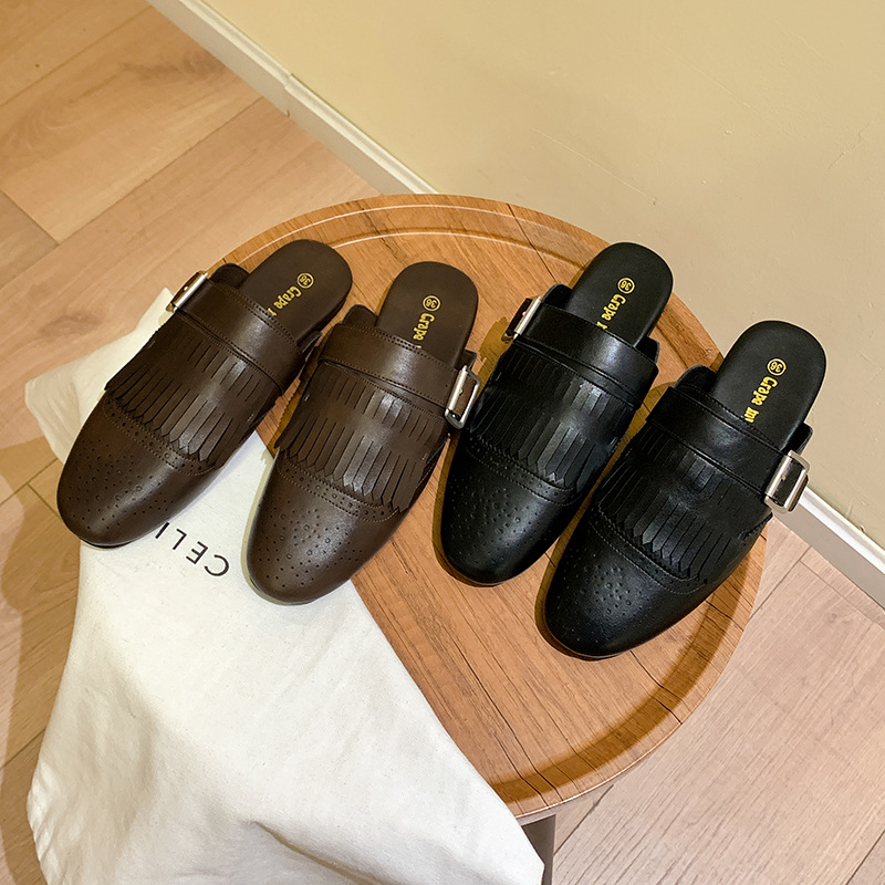 雕花流苏包头穆勒半拖鞋女外穿春夏复古一脚蹬懒人小皮鞋平底