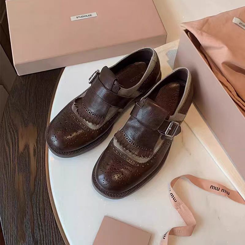 葡萄妈同款雕花布洛克小皮鞋2024秋季新款英伦复古牛津孟克单鞋女