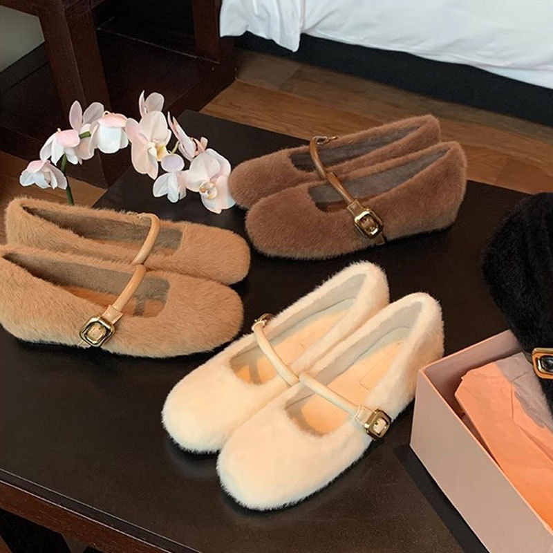 葡萄妈同款 芭蕾风一字带内增高毛毛鞋玛丽珍单鞋女秋冬新款