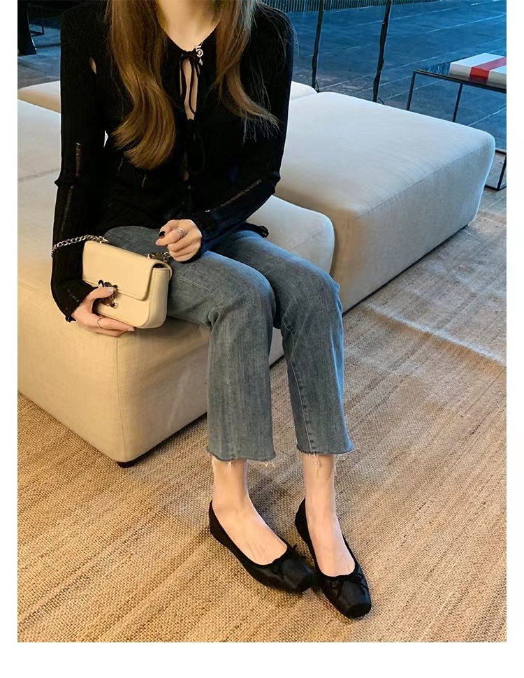 葡萄妈同款 圆头浅口蝴蝶结显脚小平底芭蕾舞鞋真丝单鞋女春秋款