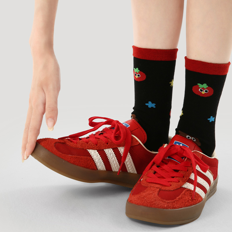 原创女袜春夏季柿柿甜猫中筒袜花边无骨精梳棉袜子女