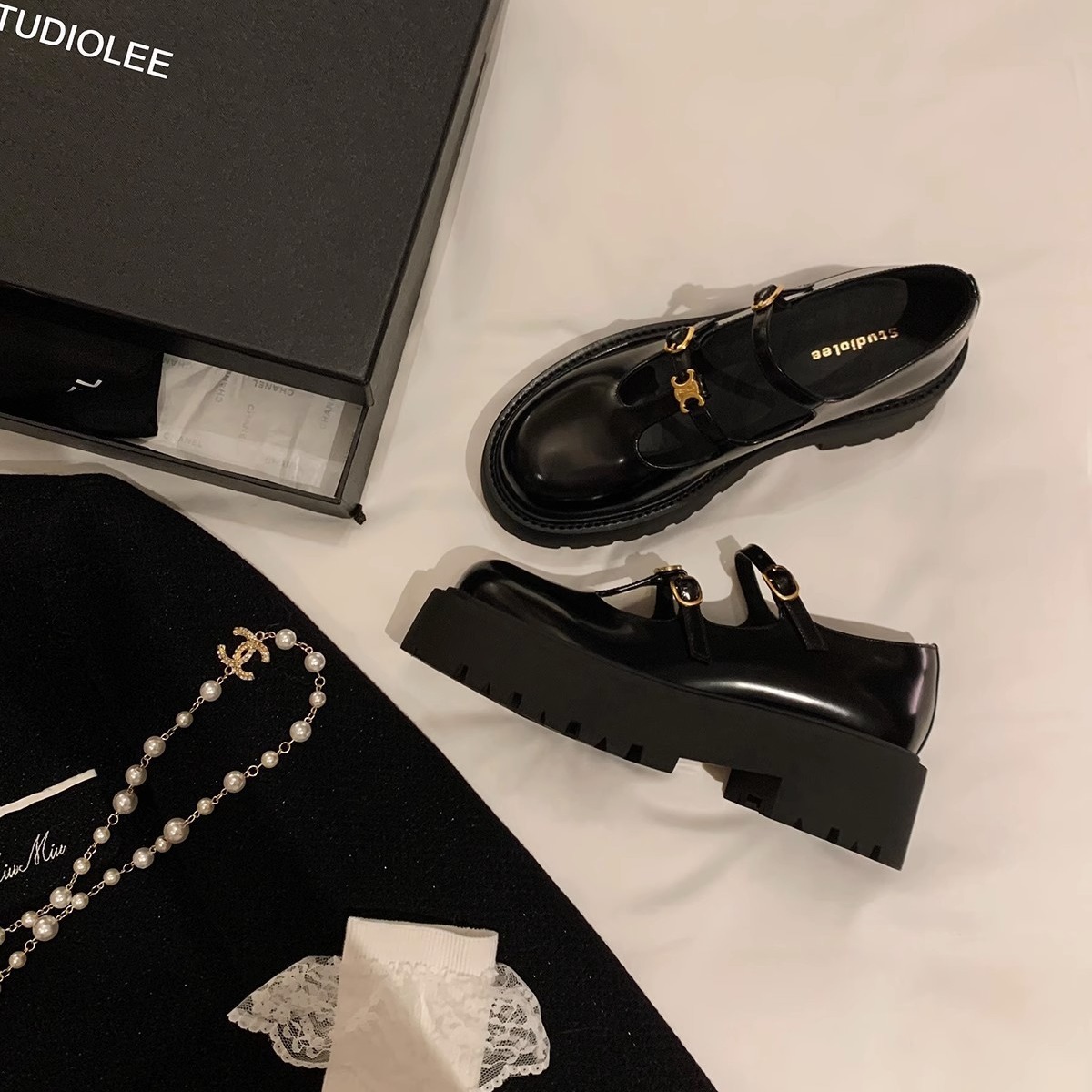 葡萄妈同款鞋凯旋门金扣圆头粗跟厚底丁字搭扣乐福鞋女