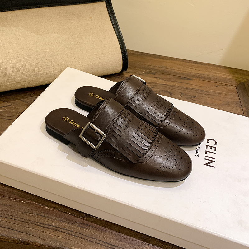 雕花流苏包头穆勒半拖鞋女外穿春夏复古一脚蹬懒人小皮鞋平底