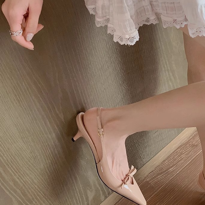 现货秒发！葡萄妈同款鞋优雅小尖头一字蝴蝶结后空细跟高跟鞋女春