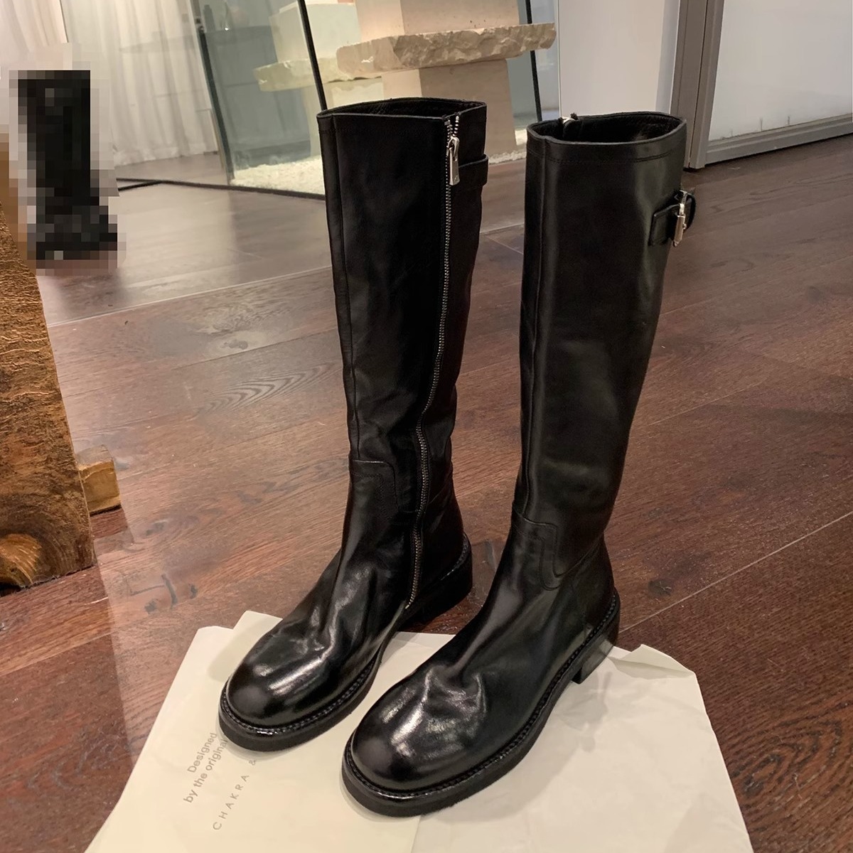 PANDA EYES葡萄妈同款鞋复古水洗马皮粗跟厚底高筒骑士靴女秋冬款女靴