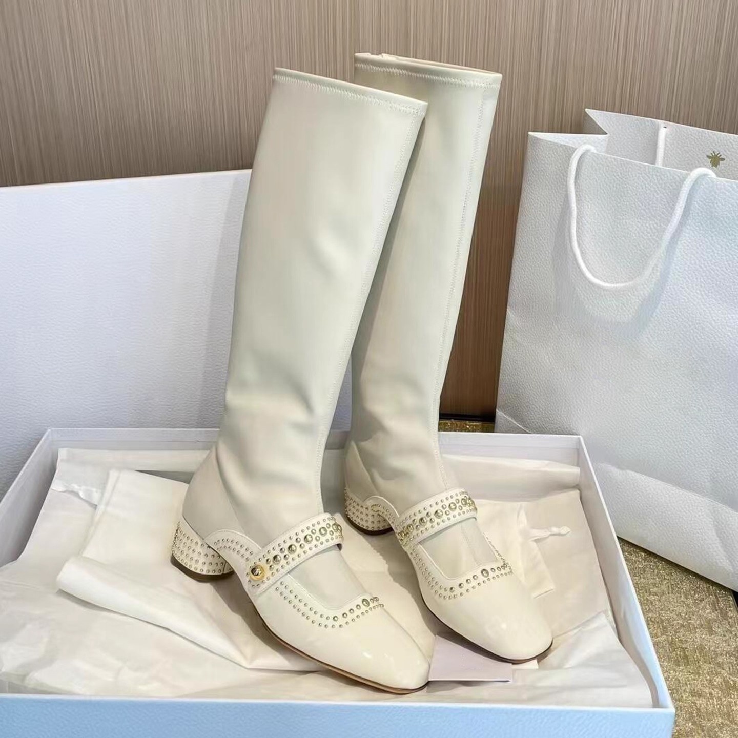 PANDA EYES时尚百搭新款方头铆钉后拉链中高筒弹力长靴女瘦瘦短靴