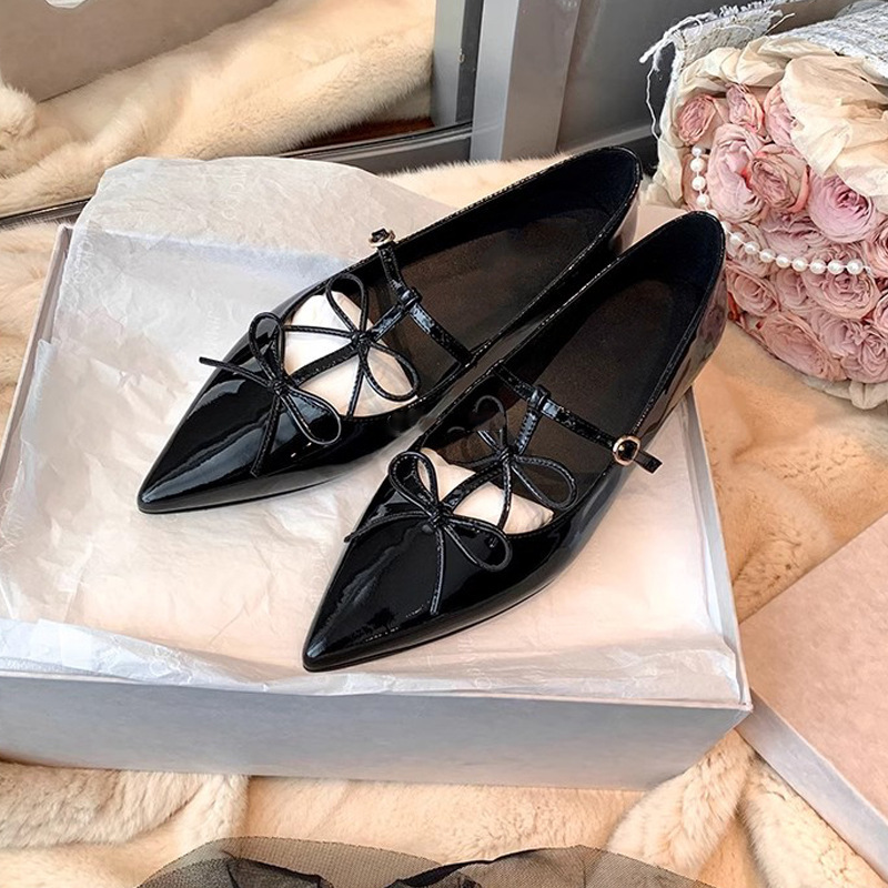 苏茵茵同款气质晚宴~尖头双蝴蝶结浅口平底玛丽珍单鞋女宴会鞋