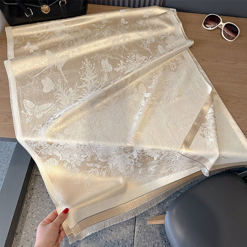 秋冬双面羊绒水墨蝴蝶飞舞素雅加厚保暖丝巾空调房护颈披肩外搭